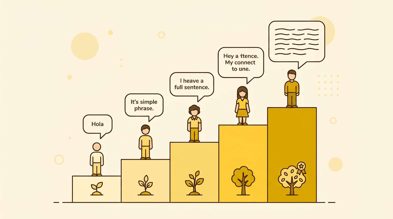 Five figures ascend yellow steps, their speech bubbles growing from single words to paragraphs, illustrating language proficiency growth.