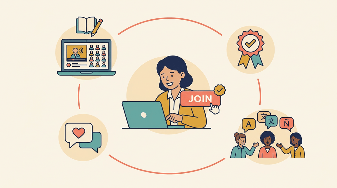 A teacher clicks a 'JOIN' button, surrounded by icons for webinars, certification, language groups, and peer support.