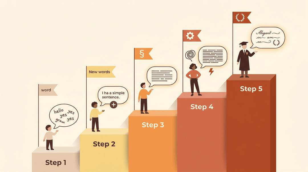 Five colorful steps show communication levels, from simple words to elegant script, illustrating a clear progression in language proficiency.