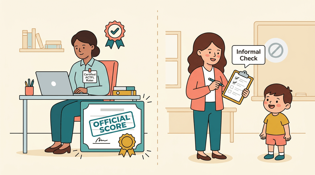 A formal certified rater with an official score contrasts with a teacher doing informal checks in a classroom.