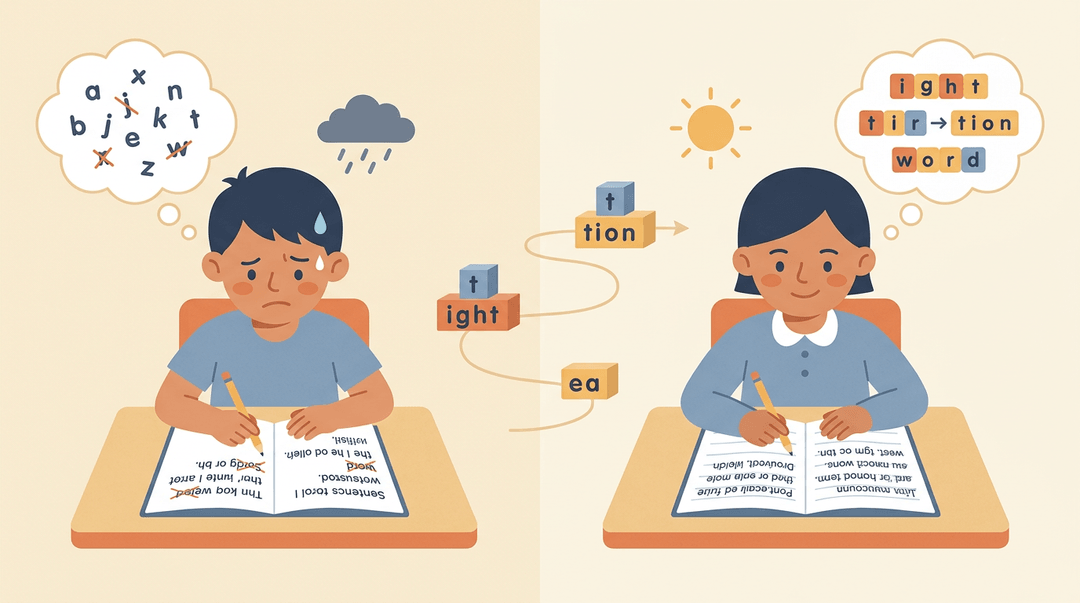 Split scene showing a frustrated student with broken sentences on the left and a confident student with clear writing on the right, connected by phonics blocks.