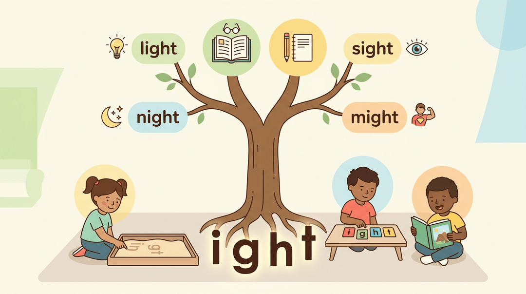 A tree with roots spelling 'IGHT' branches into reading and writing icons, while children engage in tactile learning below.
