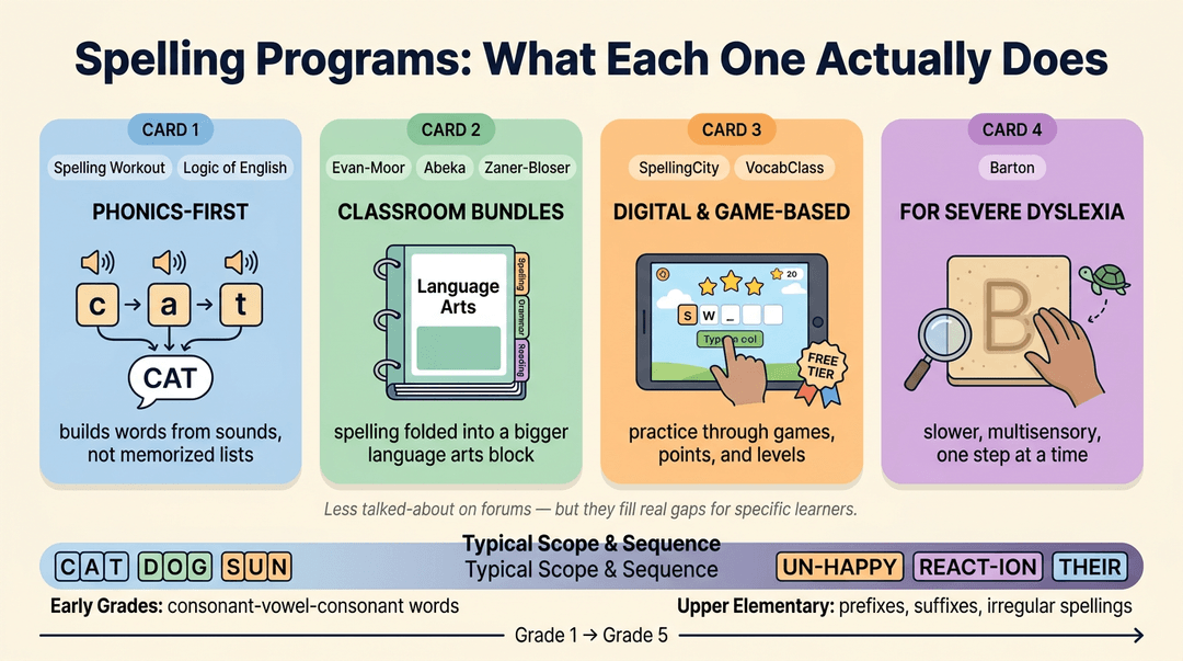 Infographic comparing four spelling programs—phonics, bundles, digital games, and multisensory—with a timeline showing progression from CVC words to complex spellings.