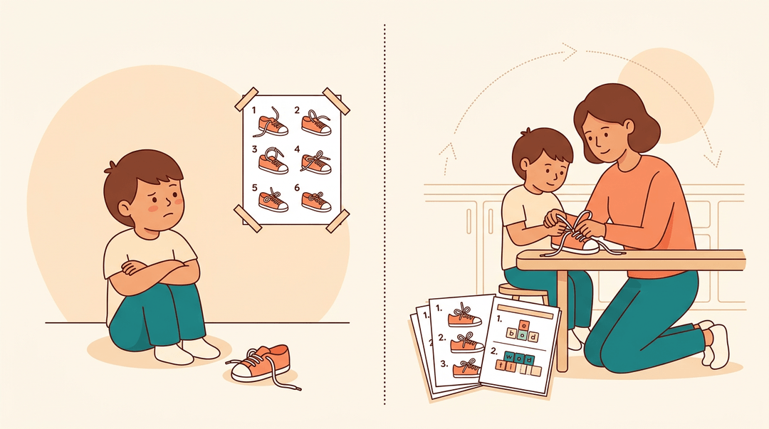 Split image contrasting a frustrated child alone with an untied shoe versus an adult gently guiding the same child to tie it, symbolizing effective teaching.