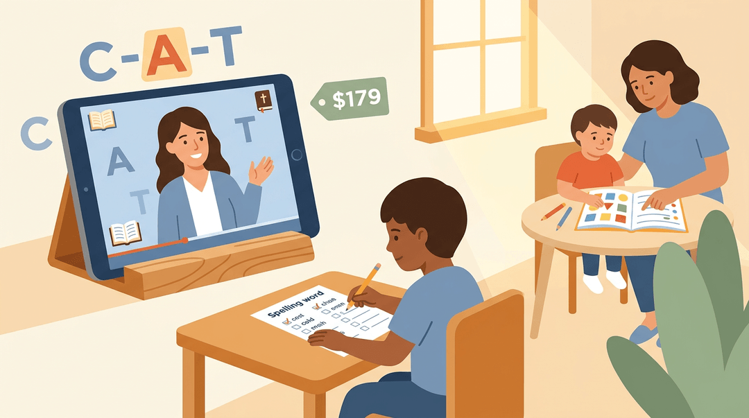 A child independently learns spelling via tablet while a parent assists a younger sibling nearby in a cozy homeschool setting.