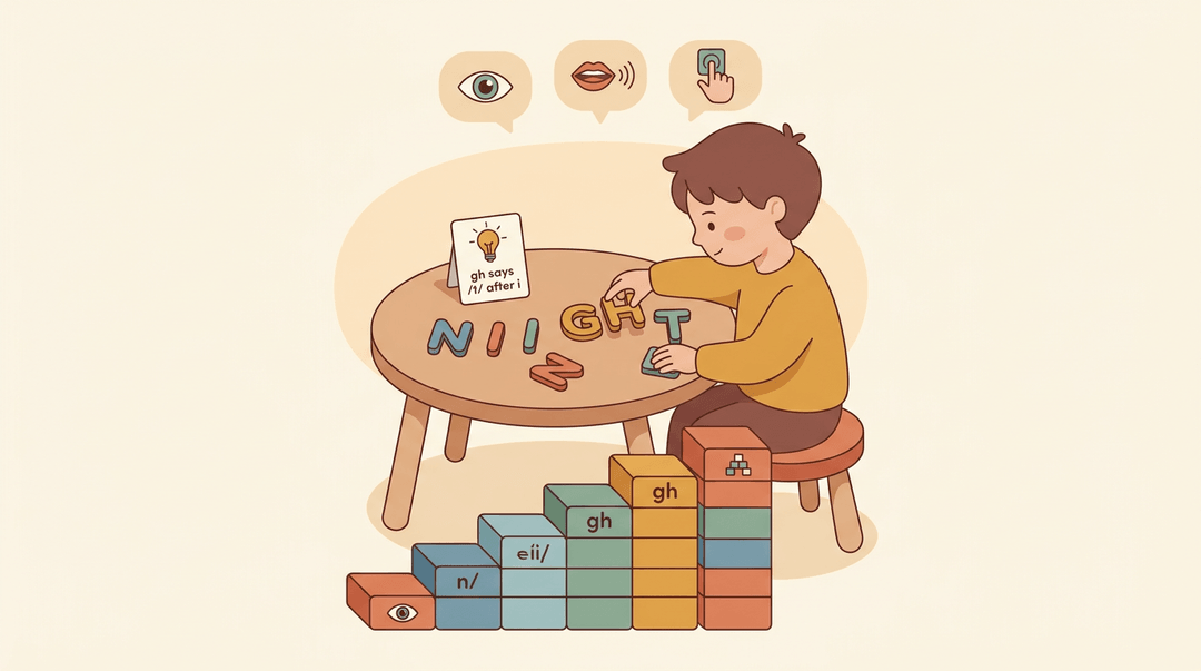 Student builds word 'NIGHT' with tiles, using a rule card and multi-sensory icons to show mastery-based learning.