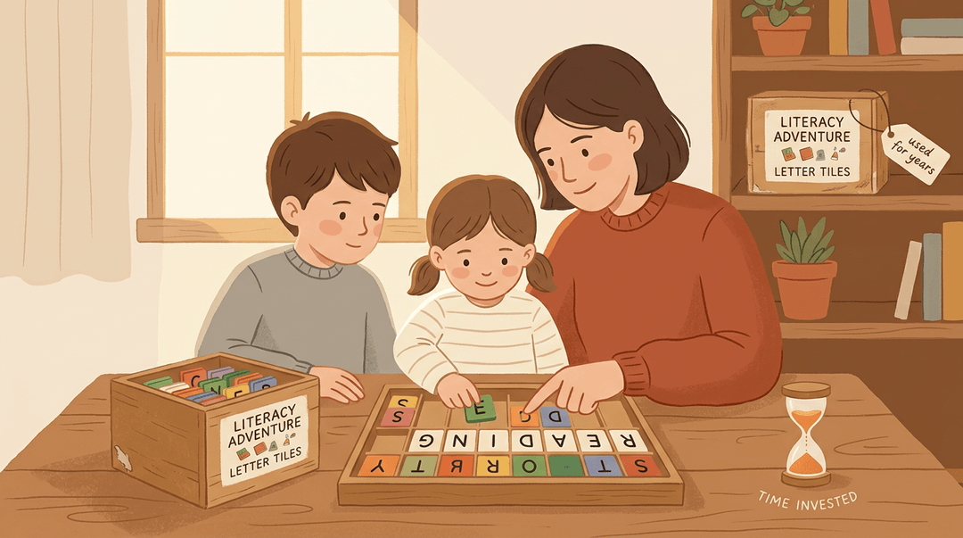 Parent and two children use letter tiles at a table, emphasizing tactile learning and reuse over screens.