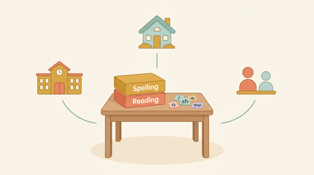 Wooden desk with spelling and reading boxes surrounded by icons of a school, home, and tutor to show inclusive learning options.