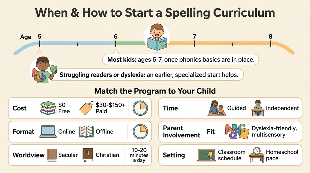 Infographic showing when to start spelling (ages 6-7) and how to choose a program based on cost, format, and child's needs.