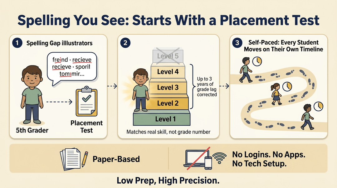 Infographic showing a 5th grader placed at Level 2 via placement test, moving self-paced on paper without tech.