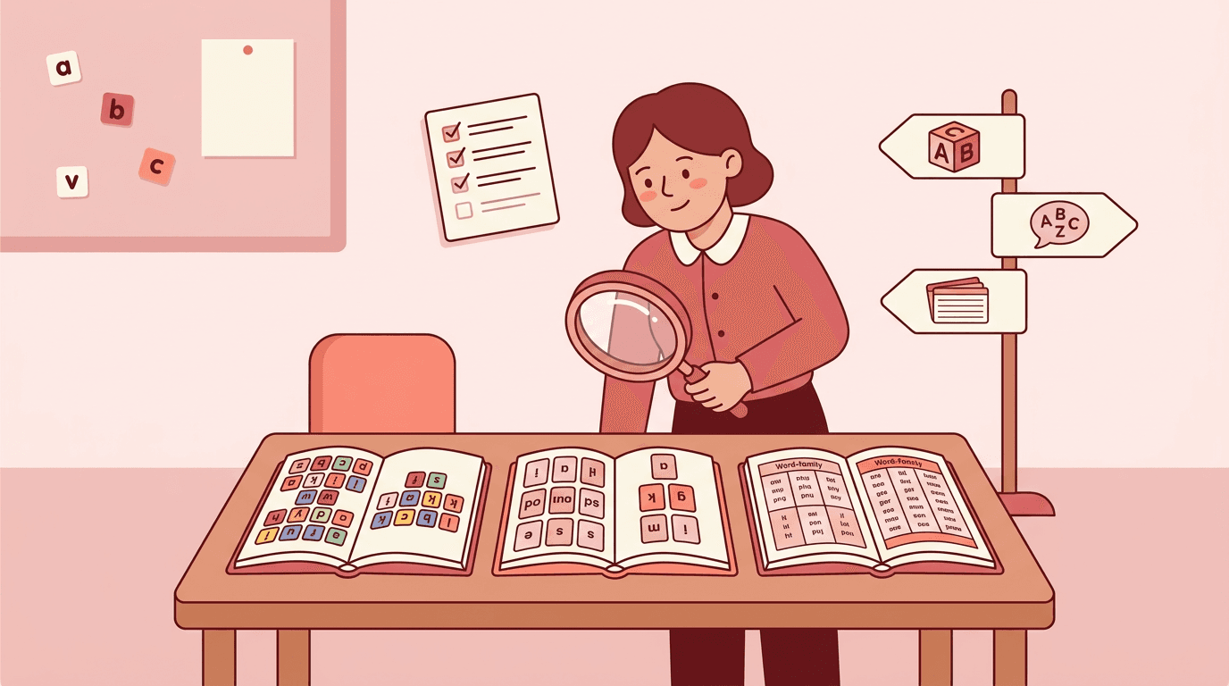 Teacher compares three spelling curriculum books using a magnifying glass, with icons representing different learning paths nearby.