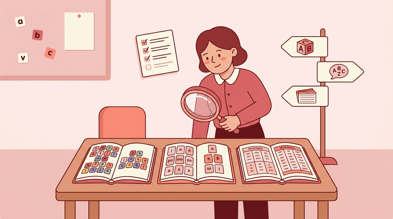 Teacher compares three spelling curriculum books using a magnifying glass, with icons representing different learning paths nearby.