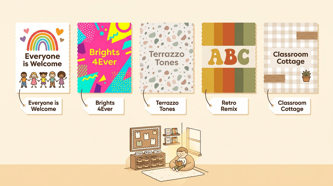 Five classroom decor sample boards in different styles are displayed above a cozy, decorated classroom corner.