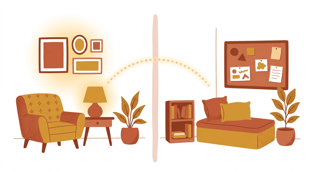 A split scene shows a cozy living room and a vibrant classroom, linked by an arcing dotted line.