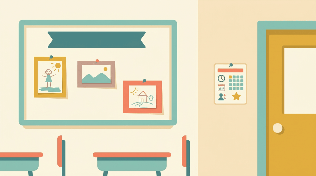 A tidy classroom wall with a neatly organized bulletin board and a small cheat sheet for a substitute teacher.