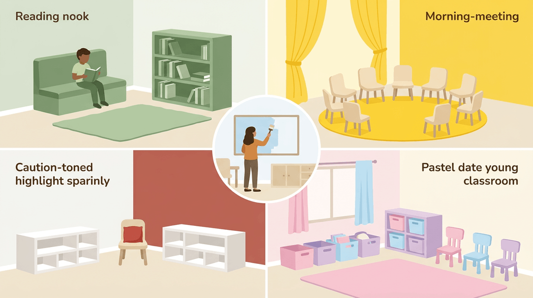Four classroom sections, each with a distinct color scheme and purpose, surround a teacher painting a bulletin board.