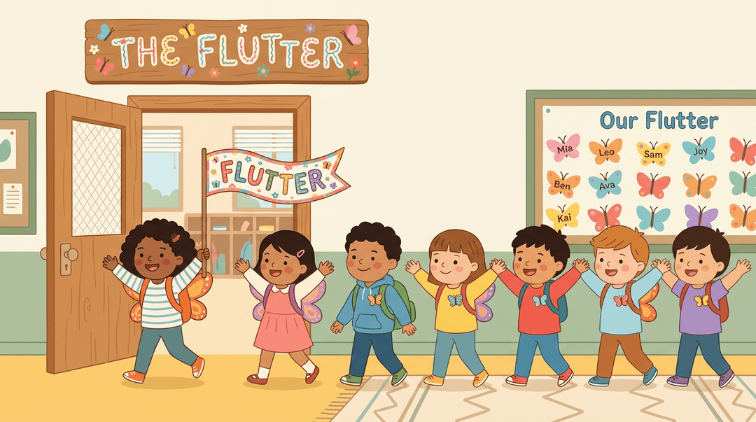 Diverse students, some with butterfly wings, joyfully enter