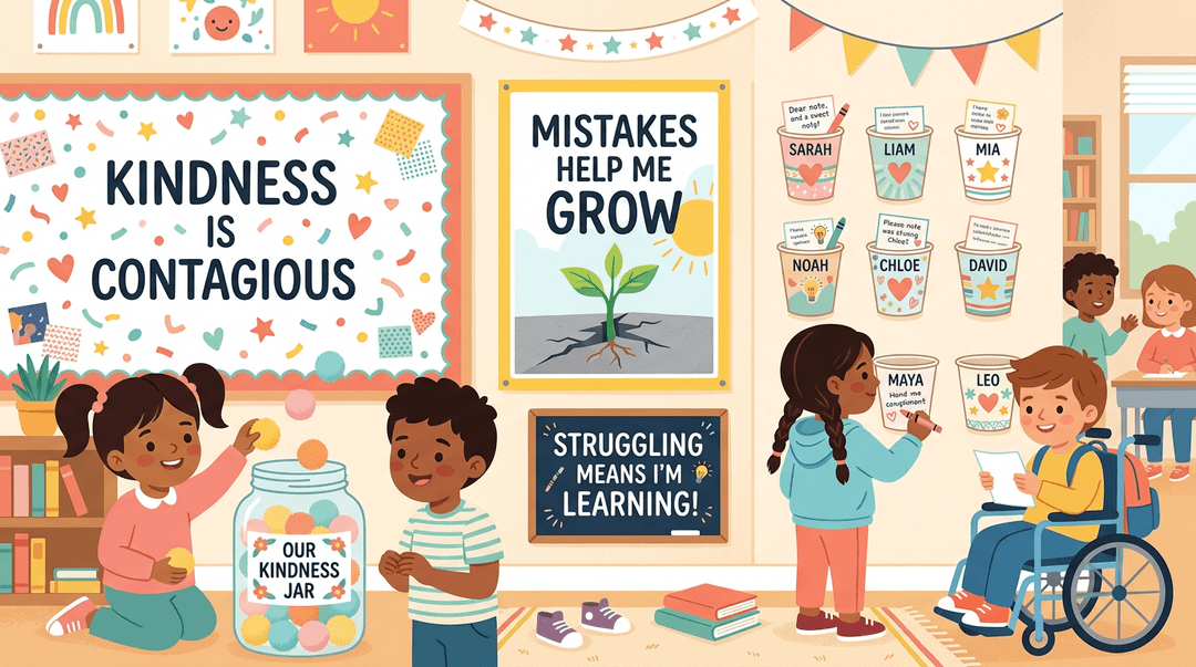 A vibrant classroom wall display promotes kindness and growth mindset with positive messages, a compliment jar, and diverse children interacting with the activities.