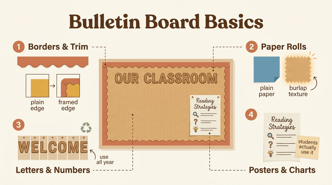 A guide titled “Bulletin Board Basics” with four sections pointing to borders, paper, letters, and posters on a sample bulletin board.