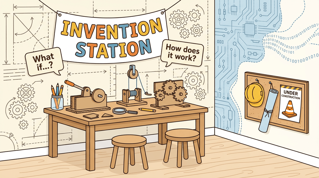 A flat vector illustration of a cozy classroom 'Invention Station' with a workbench, tools, and half-built contraptions.