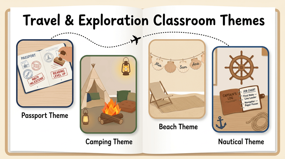 A scrapbook page displays four classroom themes: Passport, Camping, Beach, and Nautical, connected by a travel route.