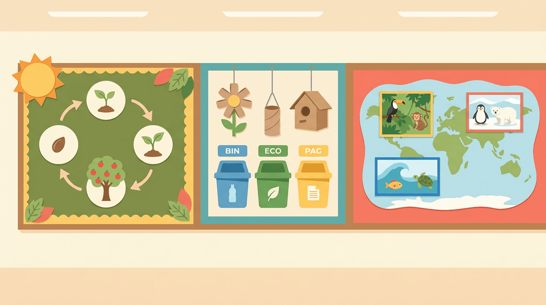 Three colorful bulletin boards on a classroom wall display a plant life-cycle, an eco-friendly recycling center, and a world map with biomes.