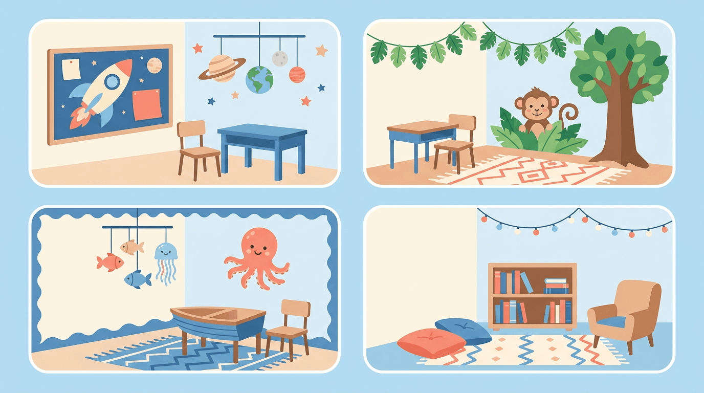 Four classroom themes are shown in a 2x2 grid: space, jungle, ocean, and a reading nook.