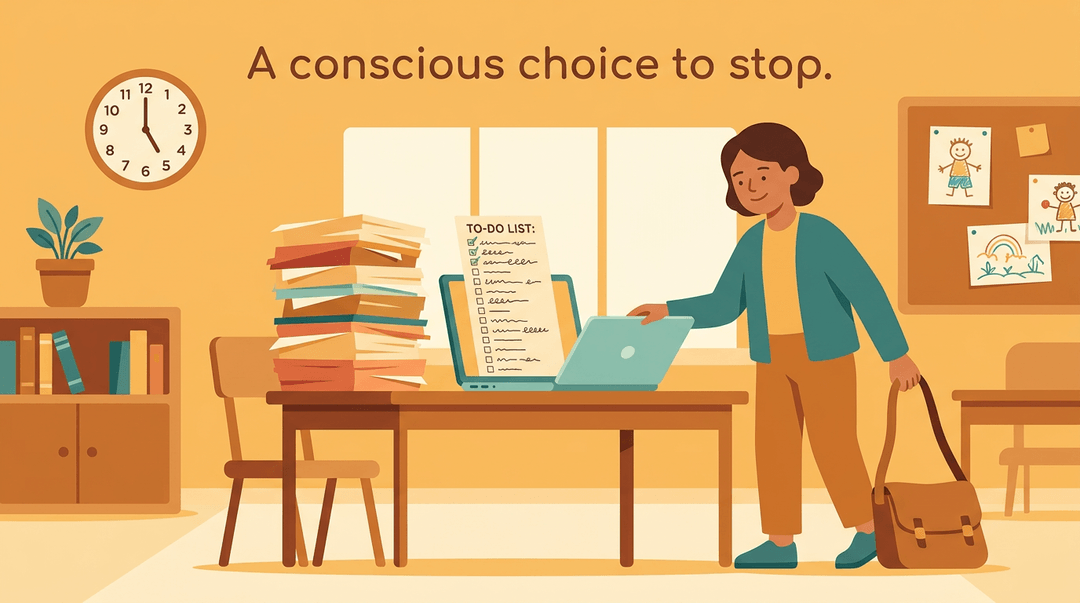 A teacher calmly leaves school at 5 PM, confidently choosing to stop working despite an unfinished to-do list and papers.