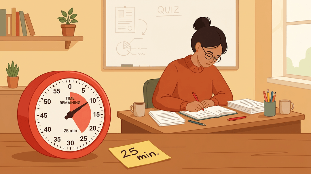 A teacher grades papers, focused, with a tomato-red