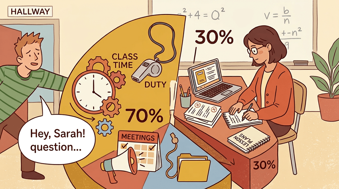 A teacher at a desk, surrounded by huge pie chart slices of