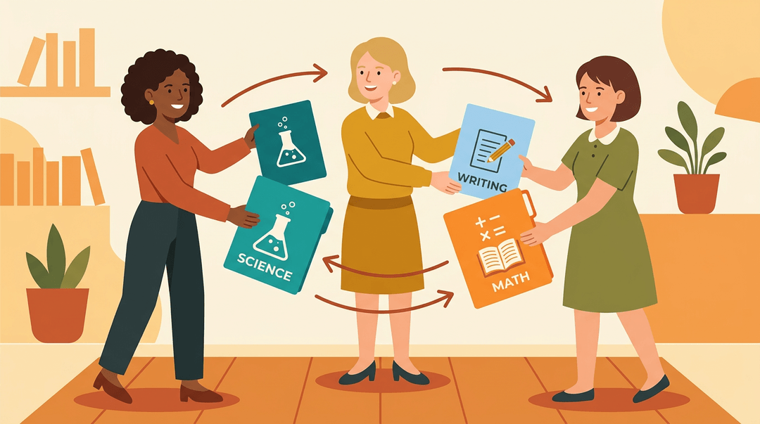 Three teachers in warm, minimal colors share science, writing, and math lesson plans in a collaborative circle.