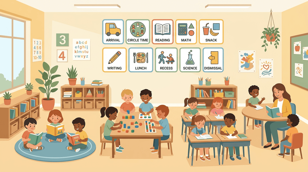 A calm elementary classroom where students work independently in small groups while a teacher gives focused attention to a few.