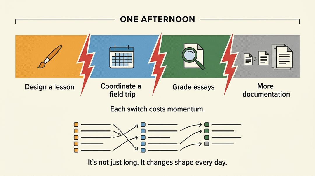 A timeline depicts a teacher's afternoon divided into four color-coded tasks with lightning bolt symbols representing the mental cost of switching between them.