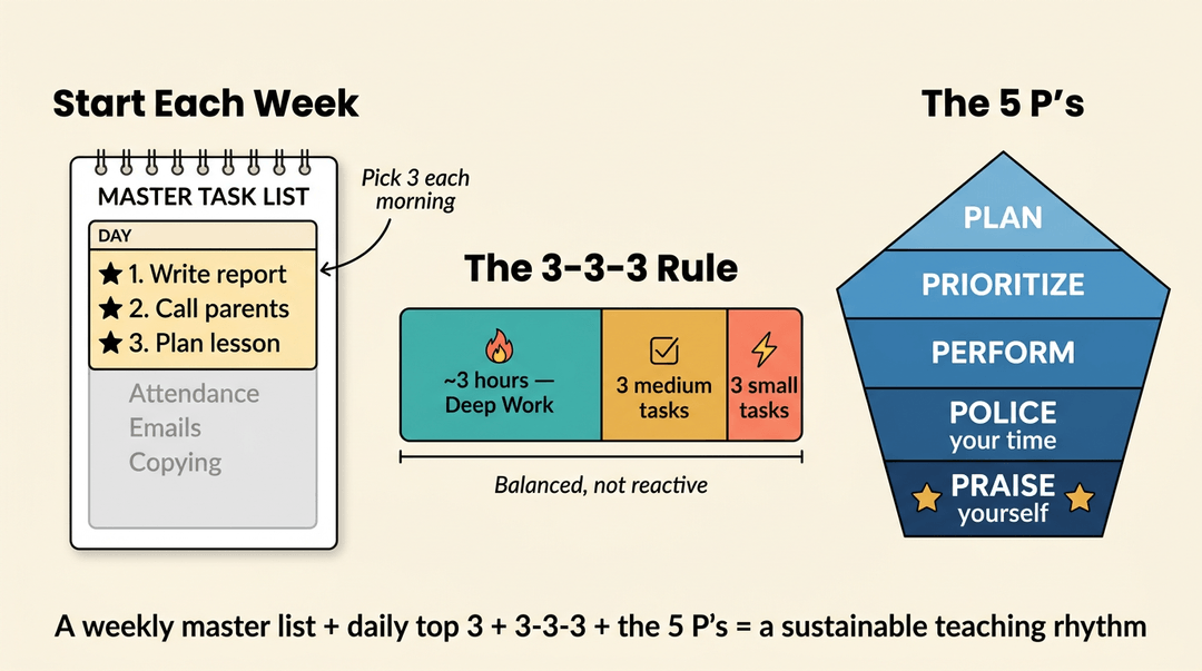 An infographic explains weekly planning systems, the 3-3-3 Rule for daily tasks, and the