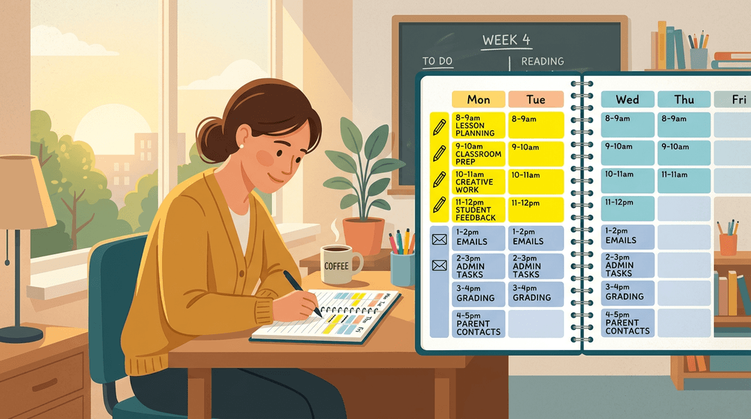 A teacher sits at a desk in warm morning light, focused on a color-coded weekly planner with yellow creative blocks and blue admin blocks.