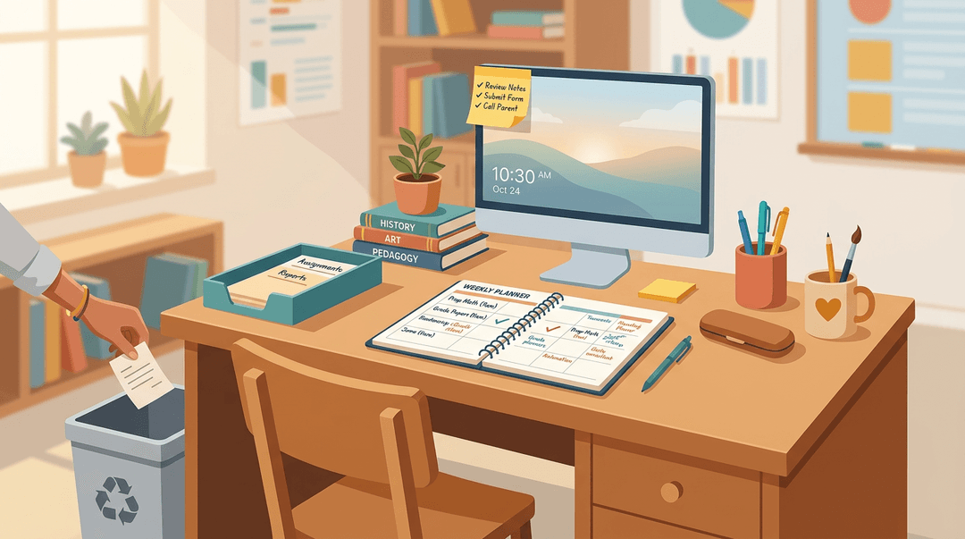 A tidy teacher's desk with an open planner, a monitor with a sticky note, and a recycling bin.