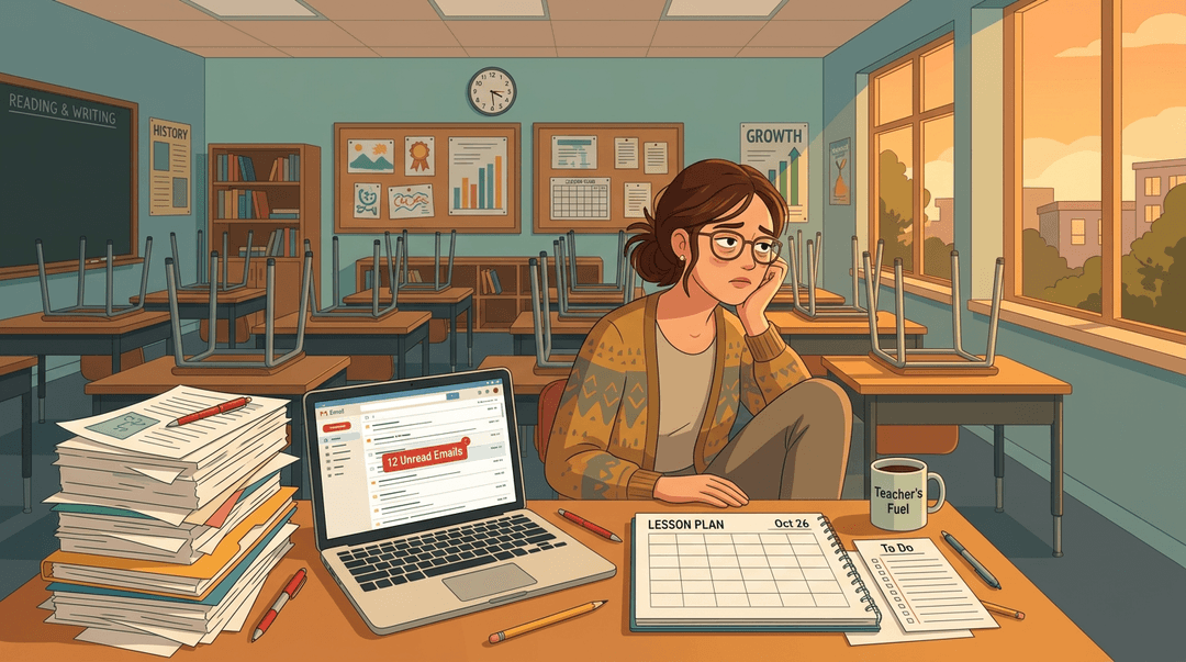 A tired teacher sits at her desk overflowing with papers, staring at the clock as late afternoon light streams in.
