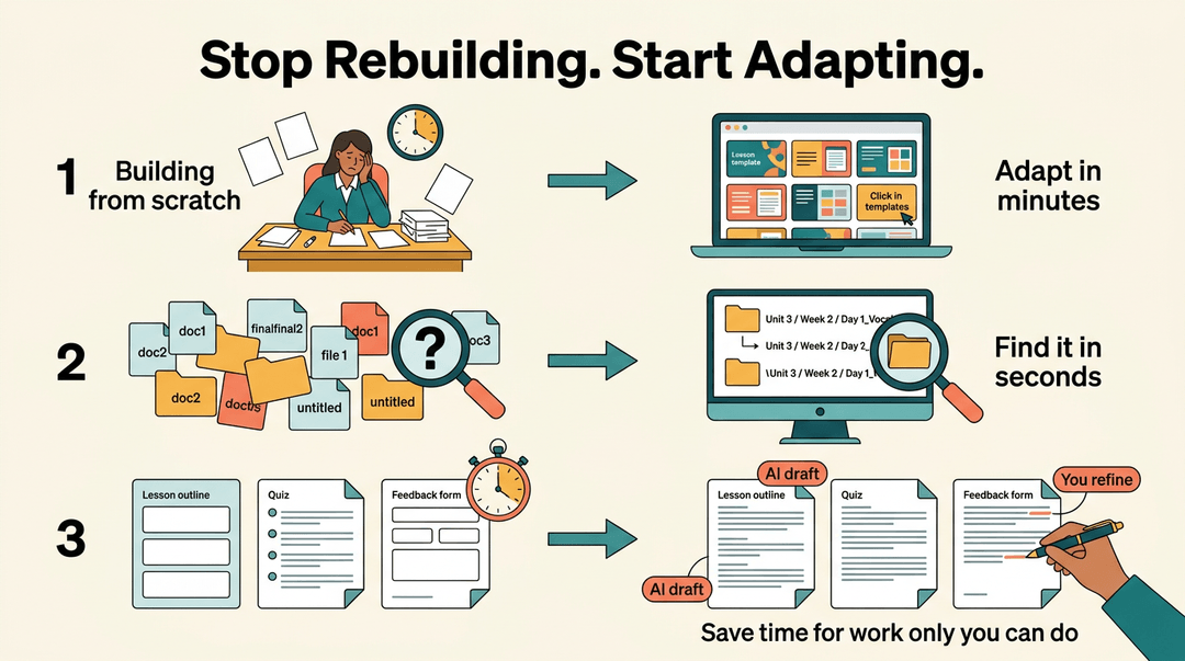 Graphic contrasting traditional teaching tasks with modern, efficient methods using ready-made resources, organized files, and AI.
