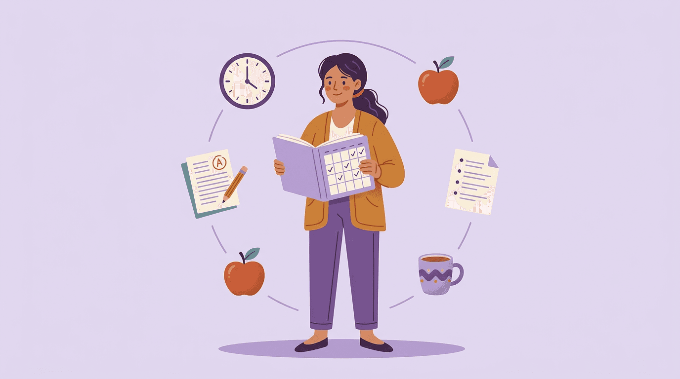 A teacher holds a planner, surrounded by icons of daily tasks like grading, lesson planning, and coffee.
