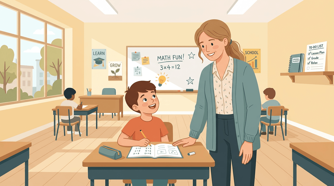 A teacher gently guides a student in a sunlit classroom, leading to an