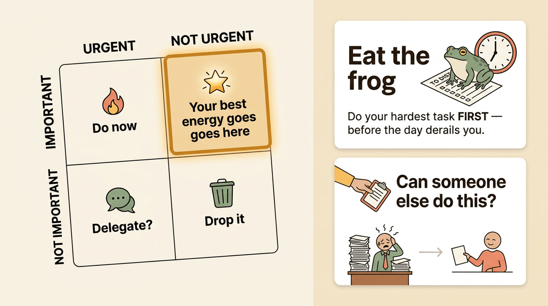 An infographic displays a 2x2 task prioritization matrix and two cards with time management tips.
