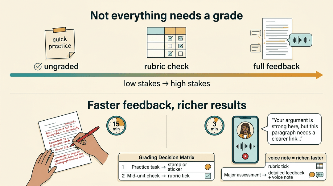 An infographic shows how to vary feedback from ungraded quick checks to detailed voice notes, to save time and deepen learning.