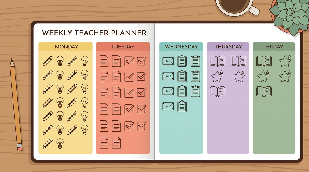 A teacher's weekly planner with color-coded blocks for creative planning, grading, and logistics.