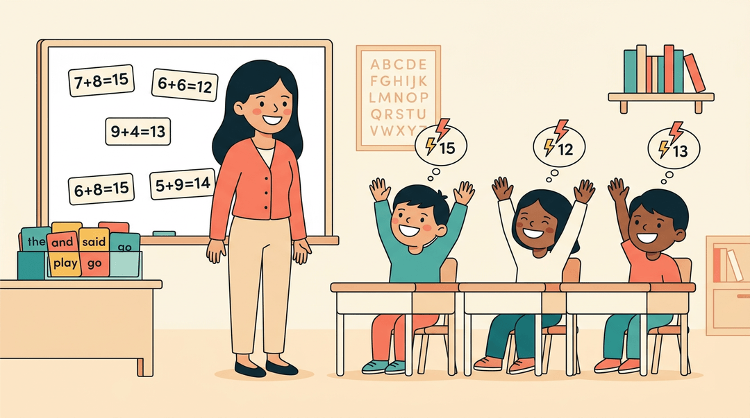 A teacher and students in a classroom celebrate fast math recall with lightning bolt icons above raised hands.