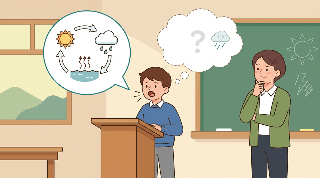 A student confidently recites the water cycle while a teacher notices their lack of true understanding.