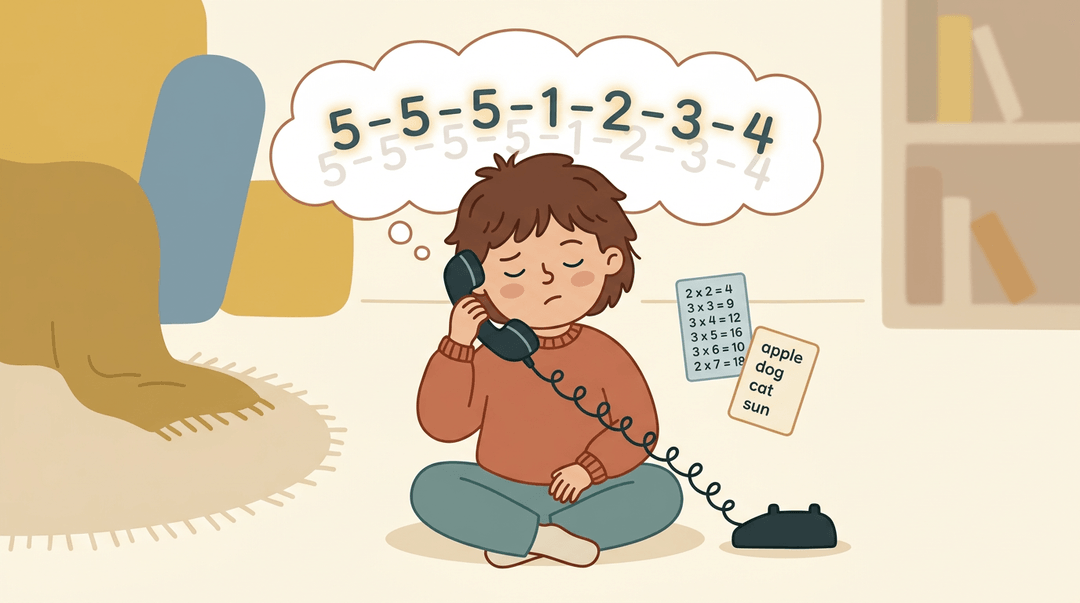 A child listens to a phone, hearing repeating numbers that symbolize rote memorization in learning.