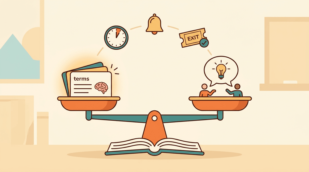 A balanced scale with flashcards on one side and discussion icons on the other, resting on an open book.