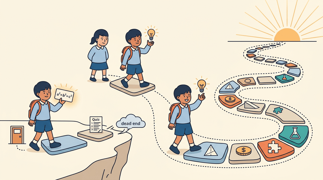 Two students diverge: one hits a dead end with rote memorization, while the other follows a long path of understanding toward a sunrise.