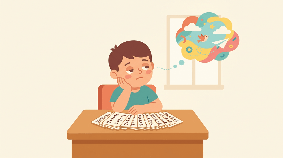 A student stares blankly at repetitive math flashcards while a colorful daydream bubble shows their mind drifting away.
