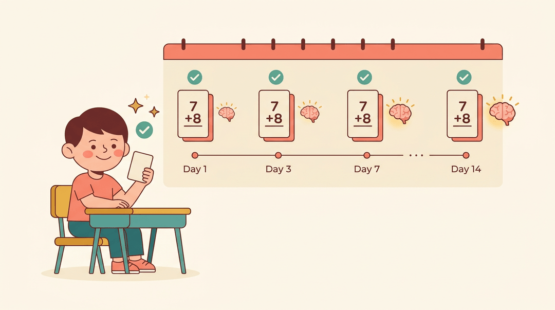 A student celebrates a correct answer while a timeline shows spaced repetition strengthening memory over time.